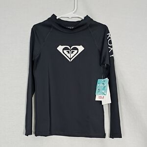NWT Roxy Girls Long Sleeve Swim Rash Guard Whole Hearted Black And White Size 6